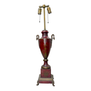 Antique Handmade Painted French Red Tole Toleware Swan Metal Table Lamp Light