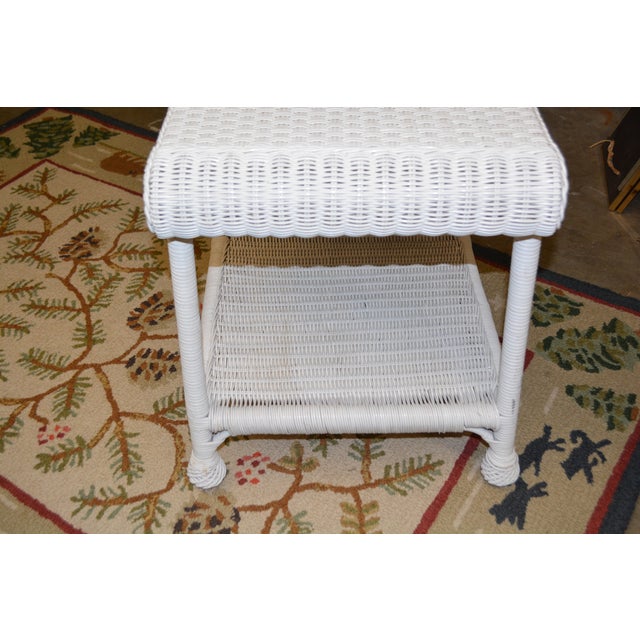 Shabby Chic Vintage White Wicker Square Side / End Table With Lower Shelf For Sale - Image 3 of 13