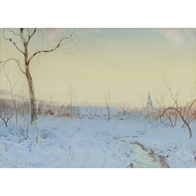 Gouache on paper of a snowy, late afternoon landscape, possibly of the Kettle Moraine valley in Wisconsin. The work has...