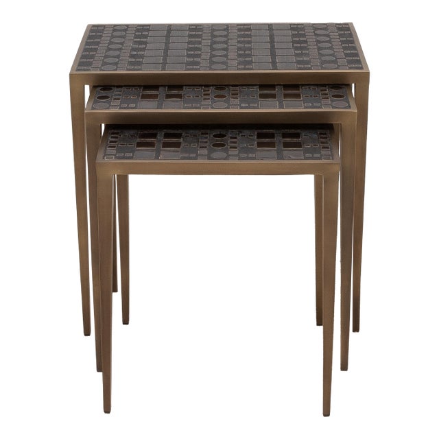 Set of 3 Nesting Tables in Black Shagreen and Black Pen Shell With Bronze Patina Brass by R&y Augousti For Sale