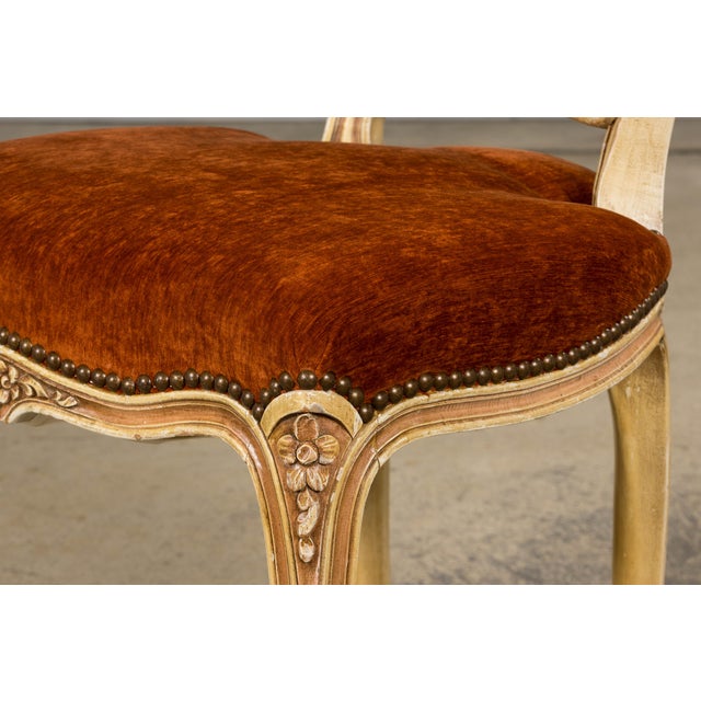 Antique French Louis XV Style Painted Dining Chairs in Rust Fabric - Set of 6 For Sale - Image 17 of 18