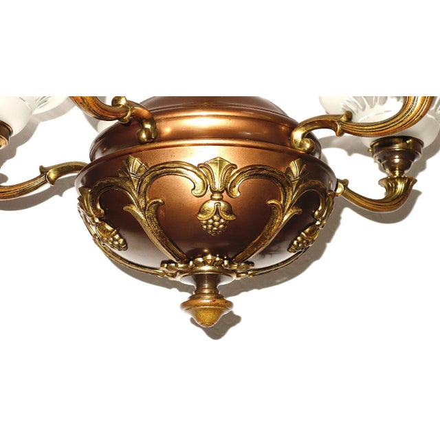 Copper Art Deco French Brass and Glass Five-Light Chandelier, 1940s For Sale - Image 8 of 13