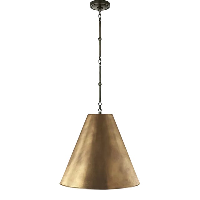 Thomas O'Brien for Visual Comfort Signature Goodman Medium Hanging Light in Bronze with Hand-Rubbed Antique Brass Shade For Sale
