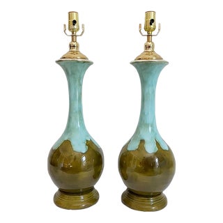 1960s Blue & Green Drip Glaze Ceramic Lamps - a Pair For Sale