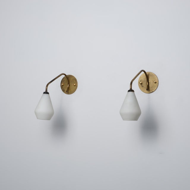 1950s Vintage Italian Brass and Opaline Glass Wall Sconces, 1950s, Set of 2 For Sale - Image 5 of 6
