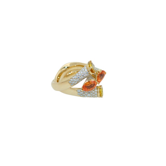 Diamond Orange Yellow Sapphire Cocktail Luxury Unique 18 Karat Yellow Gold Ring, Size 6.5 For Sale - Image 13 of 18