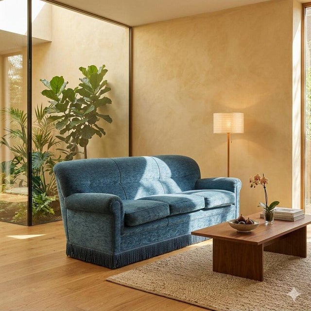 Sofa with spring padding, velvet upholstery, decorative fringe along the perimeter. Good condition. This piece is...
