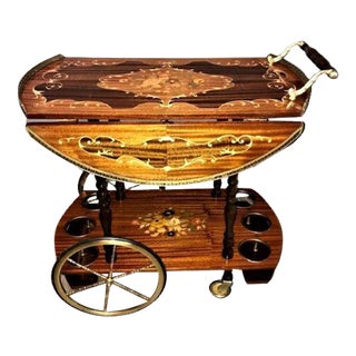 Vintage Italian Rosewood and Marquetry Inlay Drop Leaf Bar Cart For Sale