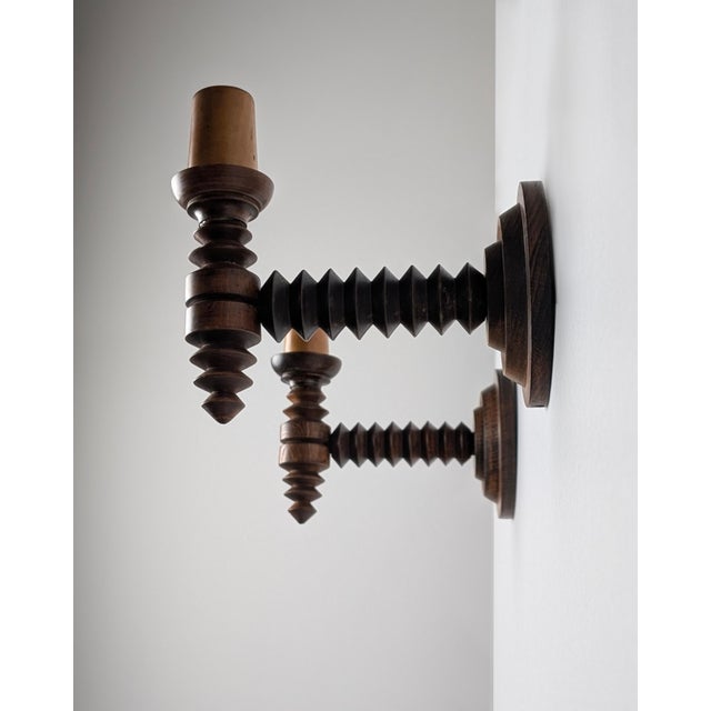 1940s French Wall Sconces in Turned Wood by Charles Dudouyt, 1940s, Set of 2 For Sale - Image 5 of 12