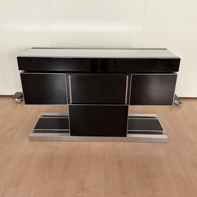Convertible Bar and Stools in Black Lacquer, Chrome & Leather, Italy, 1970s, Set of 3 For Sale - Image 16 of 18