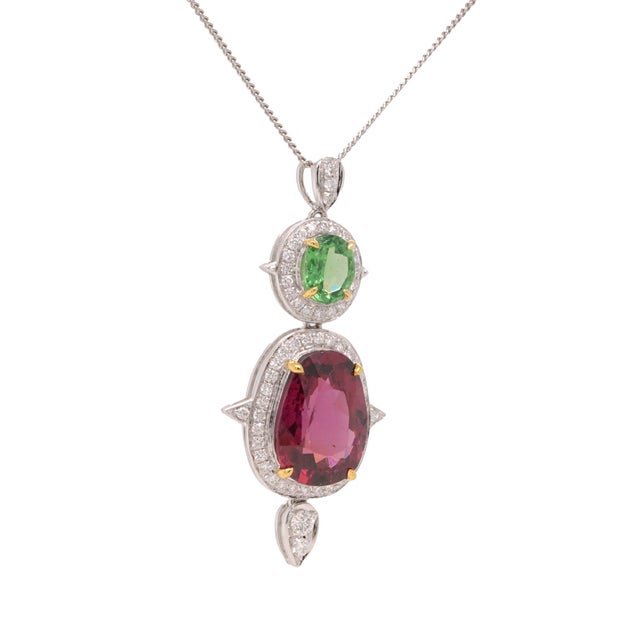 Tsavorite, Diamond and Garnet Platinum Pendant Necklace - Fei Liu For Sale - Image 4 of 6
