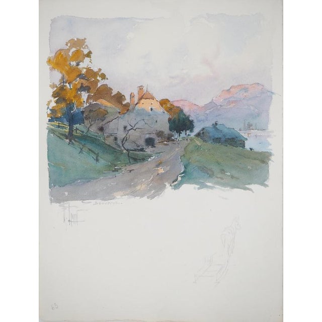 René LEVERD (1872-1938) Switzerland, Sunset over Bouveret Original watercolor Signed in ink On vellum, 26 x 20 cm Very...
