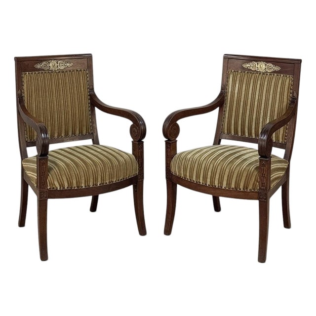 Pair of French Empire Period Mahogany Ormolu Armchairs ~ Fauteuils For Sale