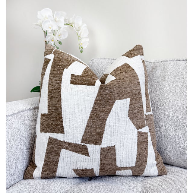 Latte Hierographic 20x20 Chenille Pillow With Feather Down Insert For Sale - Image 4 of 4