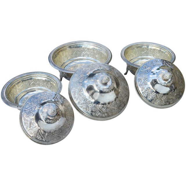 Mid 20th Century Handcrafted Moroccan Engraved Lidded Bowls- Set of 3 For Sale In New York - Image 6 of 9