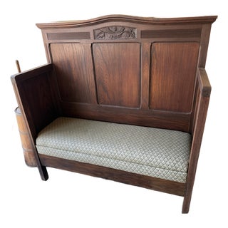 Antique Arts & Crafts Oak Hall Settle Bench With Carved Crest and Upholstered Seat, Circa 1910 For Sale