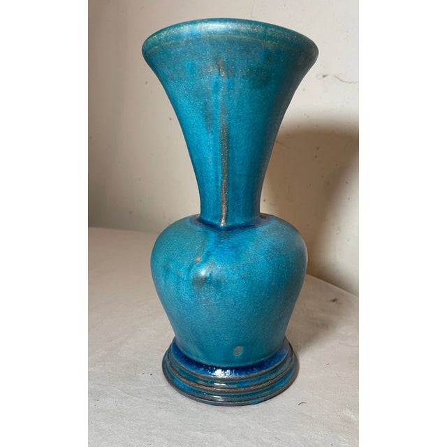 Rare Vintage Handmade Neil Patterson Bright Baby Blue Glaze Pinched Pottery Vase For Sale - Image 10 of 16