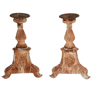 Vintage Pair of Cast Iron Candleholders With Vignettes