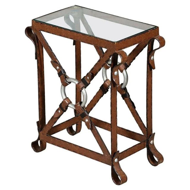 Iron Faux Leather Side Table in the style of Jacques Adnet For Sale - Image 9 of 9