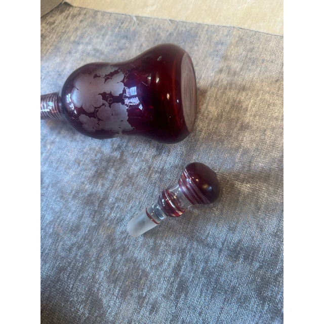 Antique Red Cranberry Glass & White Etched Grapes & Leaves Oil/Vinegar Cruet/ Bottle For Sale In Denver - Image 6 of 10