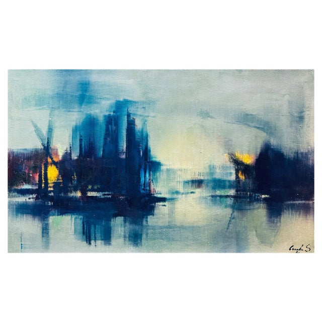 Sergio Cecchi, Navy Blue Scene, Oil on Canvas, 1960s For Sale