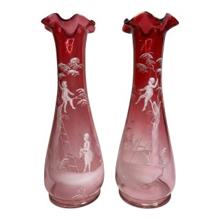 Magnificent 14" Antique Bohemian Cranberry Glass Mary Gregory Vases - Facing Pair For Sale
