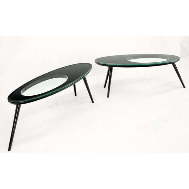 Wood Mid 20th Century Pair Glass Top Black Lacquer Oval Pierced Shape Solid Tops End Side Tables Stand For Sale - Image 7 of 12