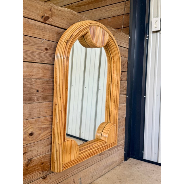 Vintage Coastal Boho Refinished Pencil Reed Rattan Sculptural Arch Wall Mirror For Sale - Image 9 of 12