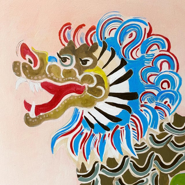 Chinoiserie Staffordshire Lion Dragon Art Original Paint by Tatiana Duperault: Chinoiserie Asian Decor For Sale - Image 3 of 4