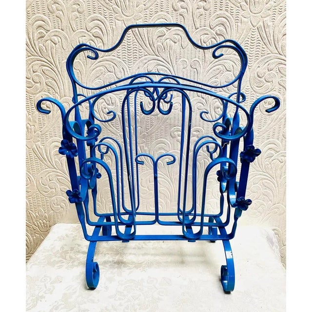 Vintage Mid Century Blue Enameled Scrolled Iron and Flowers Magazine Rack For Sale - Image 10 of 12