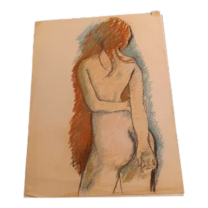 Expressionist Nude Pastel Drawing by Marcia Bouton 1970s