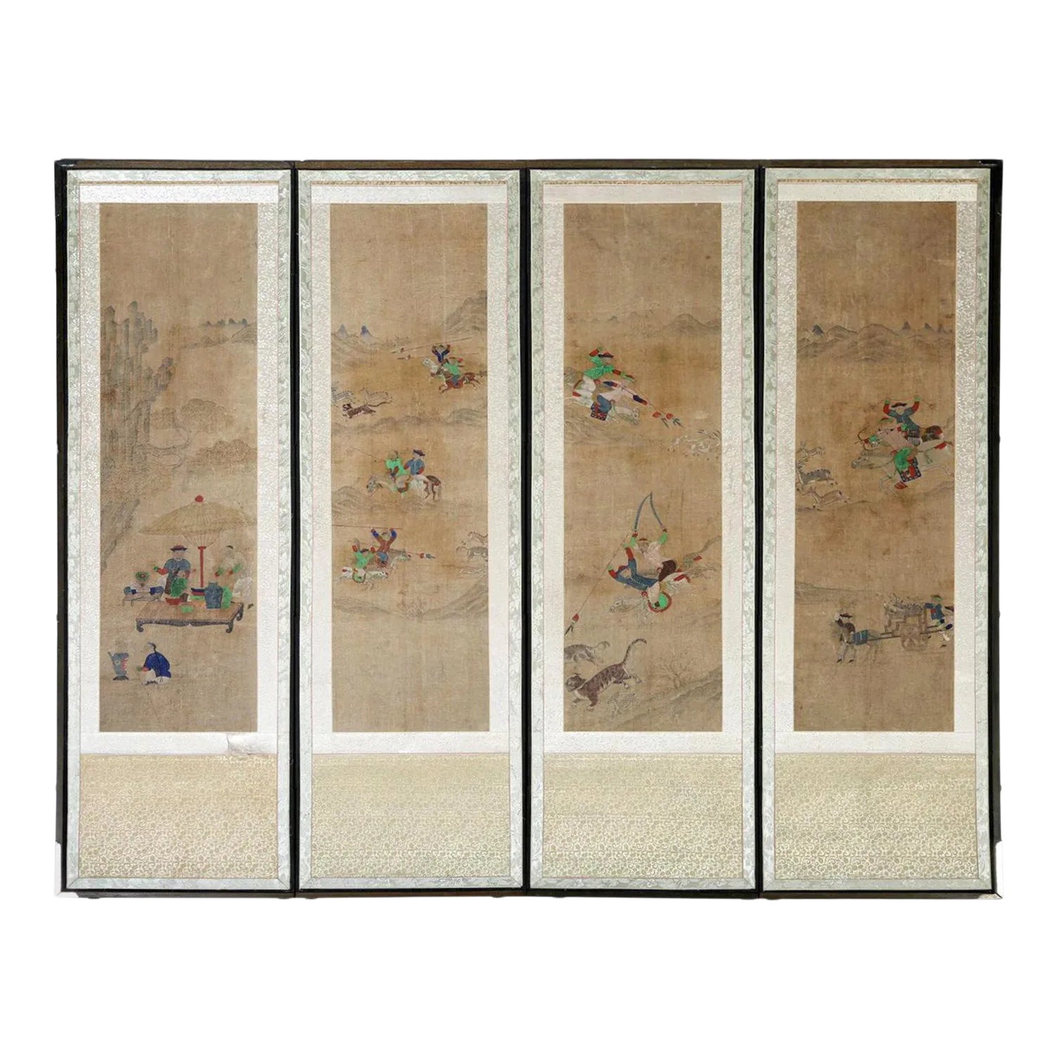 Korean Four Panel Screen of Hunting Scene Joseon Dynasty | Chairish