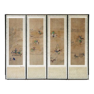 Korean Four Panel Screen of Hunting Scene Joseon Dynasty For Sale