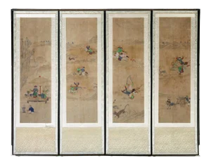 Korean Four Panel Screen of Hunting Scene Joseon Dynasty