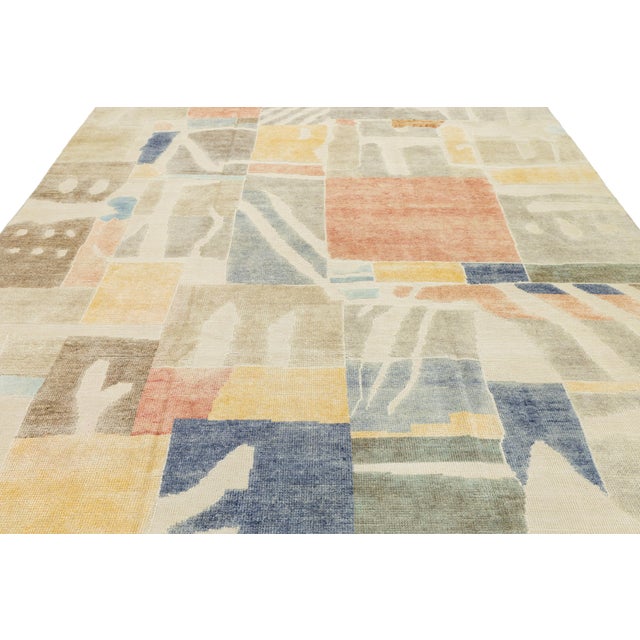 Modernist Cubist Style Handcrafted Wool Area Rug Soft Terracotta, Ochre & Indigo For Sale - Image 9 of 12