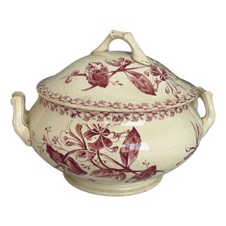 Red Ironstone Tureen with Honeysuckle Pattern from Gien Factory, 1890s For Sale