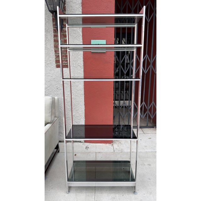 Mid Century Modern Five Shelf Aluminum & Black Glass Etagere.