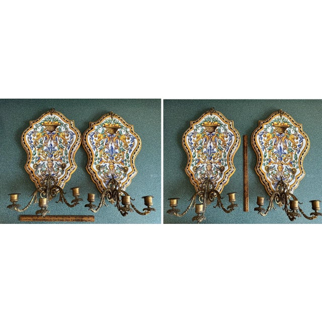 Early 20th Century Gien Faience Pottery Wall Sconce Pair: Majolica Floral, Dolphin Motif - a Pair For Sale - Image 10 of 10