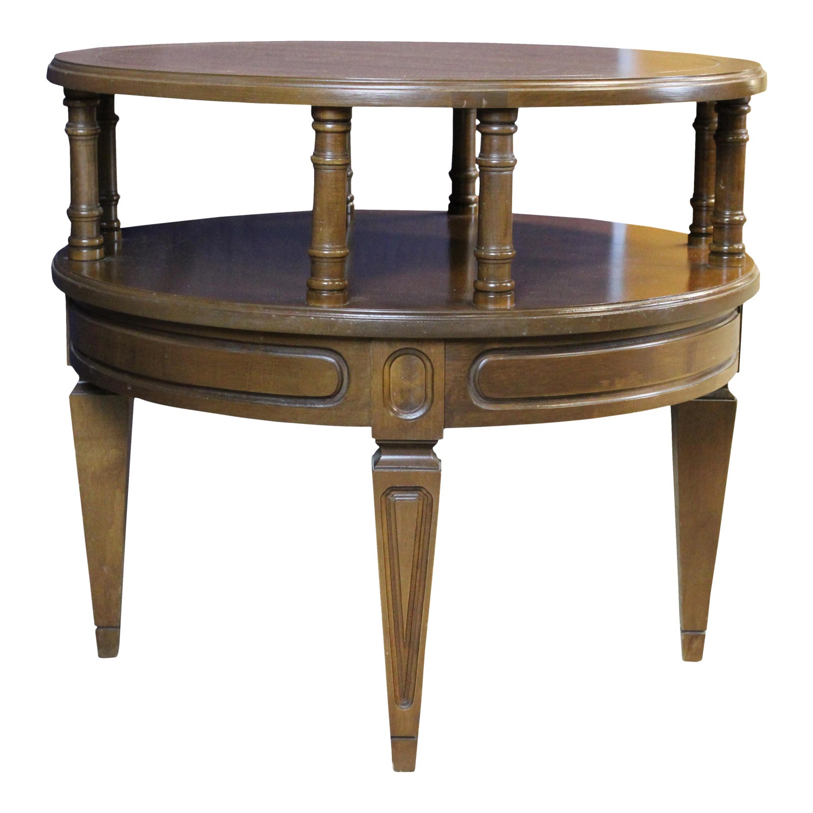 1970s Mersman Walnut Round Modern Tiered Side Accent Pedestal Table Mid