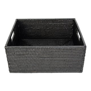 Artifacts Rattan Rectangular Basket with Cutout Handles in Tudor Black - 14" For Sale