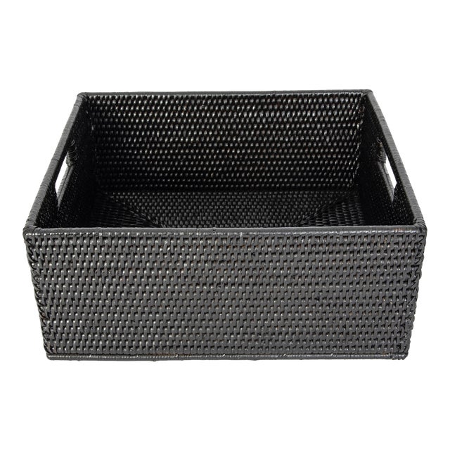 Artifacts Rattan Rectangular Basket with Cutout Handles in Tudor Black - 14" For Sale