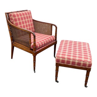 1950s Regency Style Upholstered Faux Bamboo Walnut Armchair For Sale