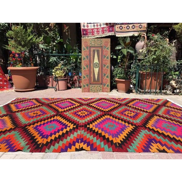 Mid-Century Modern Vintage Diamond Design Kilim Rug - 75"x108" For Sale - Image 3 of 11