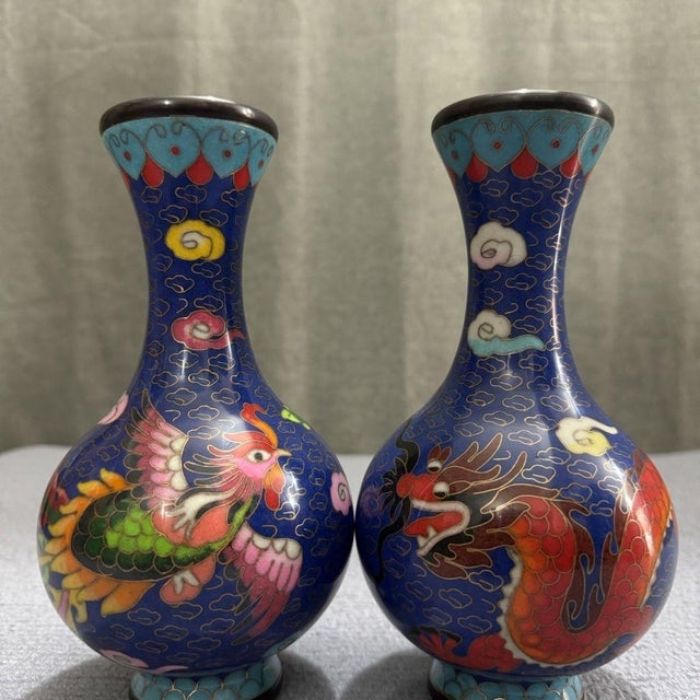 Chinoiserie Pair of Vintage Chinese Cloisonné Dragon and Phoenix Tianqiu Vases, Deep Blue Cloud Enamel Chinoiserie Vessels For Sale - Image 3 of 6