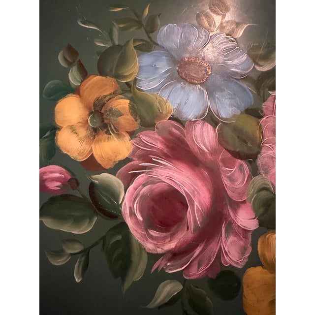 Mid-Century Modern Vintage Floral Toleware Tray, Handpainted in Deep Green and Pastels For Sale - Image 3 of 12