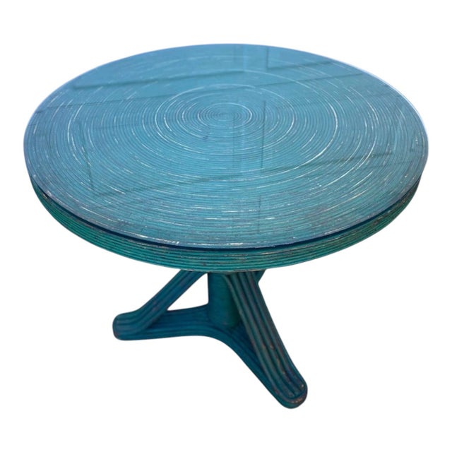 Vintage Mid Century Rattan Wicker Table With Spiral Pattern Table Top, & Glass Top & Tri-Pod Pedestal Base For Sale - Image 4 of 5