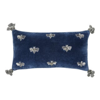 Embroidered Bug Pillow, Slate Blue Cotton Velvet For Sale