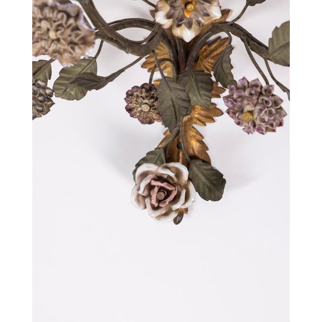 Vintage Italian Floral Wall Lamps in Iron and Porcelain, 1950s, Set of 3 For Sale - Image 14 of 16