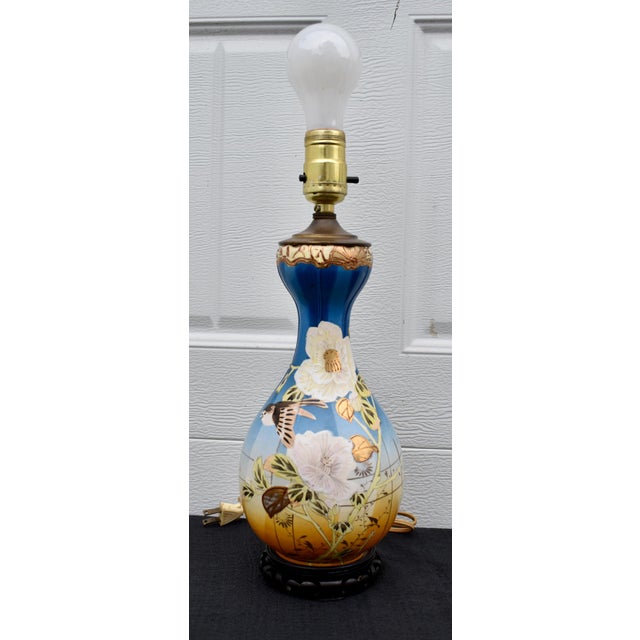 Blue Antique Japanese Satsuma Vase Lamp Meiji Painted Porcelain Gold Bird Flower For Sale - Image 8 of 17