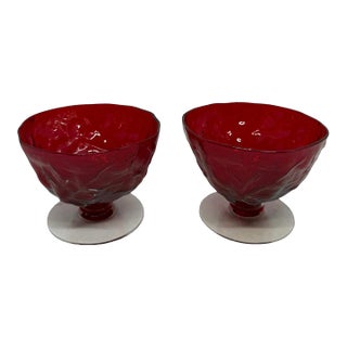 Vintage Seneca Glass Driftwood Casual Pattern 3” Ruby Red Champagne Coupes Tall Footed Sherbets - A Pair For Sale